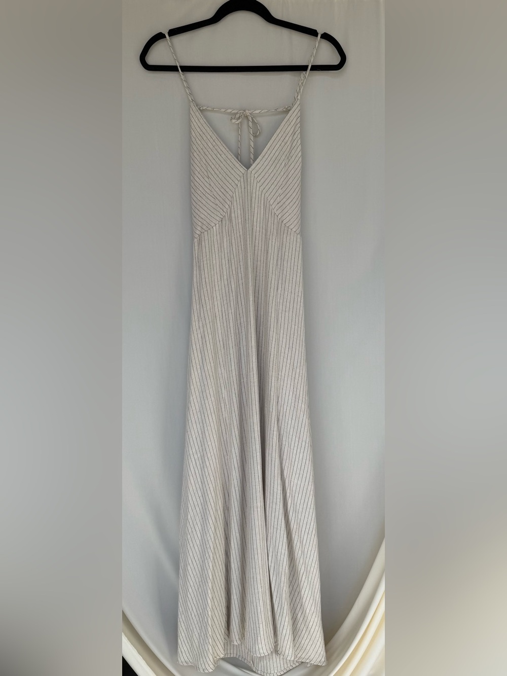 Hunter & Brown Cream Pinstripe Linen Blend Open Back Maxi Dress S